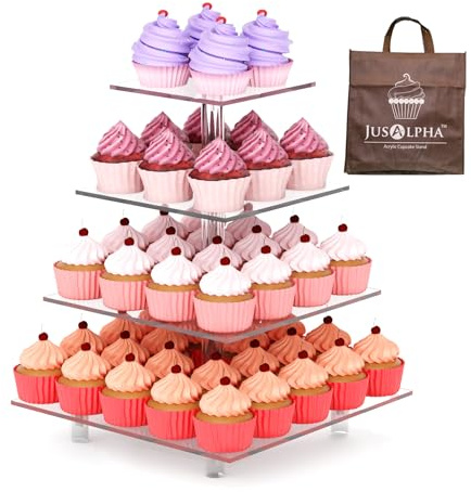 Jusalpha Large 4 Tier Cupcake Stand Square Acrylic Cupcake Tower Stand for Dessert, Pastry, Serving Platter-Candy Bar Party Décor and Supply(with Rod Feet) (4SF-V2)