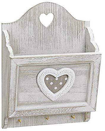 Kartenhalter Postablage mit Schlüsselbrett Haken für Schlüssel 17x24 cm, Holz Shabby Grau Weiß mit Herz Landhaus Vintage Briefablage Briefhalter