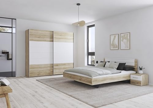 Rauch Möbel Barcelona, Schlafzimmer-Set, Eiche Sanremo hell/Weiß, 4-teilig | Set bestehend aus Bett, Liegefläche 160x200cm, Nachttisch-Paar, je 2 Schubladen 50x38x37cm, Schwebetürenschrank 226x210x62cm