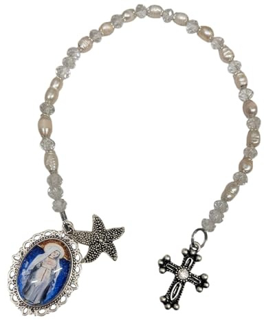 Our Lady Star of The Seas Stella Maris Cultured Freshwater Pearls Holy Chaplet with Silver Oxidized Findings and Blessed Laminated Italian Holy Card with Gold Accents (White)