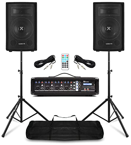 Band PA System Package with 2x Vonyx SL8 8-Inch Passive Speakers, 4-Channel Mixer Amp, Tripod Stands and Cables – Portable PA System for Bands, Churches, Singers, DJs, Small Gigs, Rehearsals, Schools