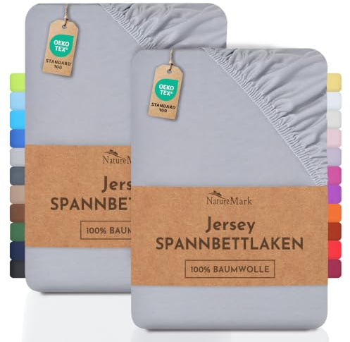 NatureMark 2er Pack Jersey Spannbettlaken, Spannbetttuch 100% Baumwolle in vielen Größen und Farben MARKENQUALITÄT ÖKOTEX Standard 100 | 140 x 200 cm - 160 x 200 cm - Silber grau