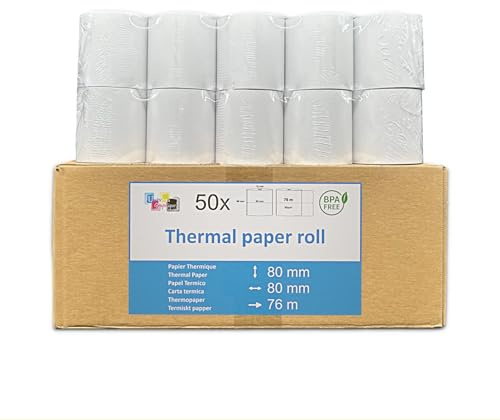50 EC-Cash Thermorollen 80 x 80 x 12 für EC-Geräte mit Thermodrucker, Thermopapier EC-Cash Bonrolle, Bisphenol-A frei. Lauflänge 78,8 m. Für den Einsatz in Kassensystemen und Thermodruckwerken