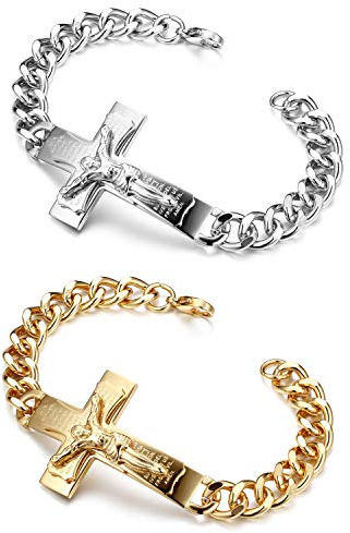 Flongo Herrenarmband Männer Kette Armkette, Edelstahl Rosenkranz Armband Armreif Armkette Panzerkette Englisch Bibel Kreuz Kruzifix Jesus Silber Gold Golden Biker Herren-Accessoires