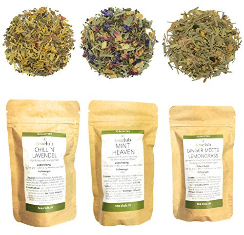 TeaClub Kräutertee Lose Probierset 3x20g – Kräuter Tee-Mischung Geschenkset | Premium Kräutertee-Geschenkset mit Mint Heaven, Chill n Lavendel & Ginger Lemongrass, Tee Probierset koffeinfrei, Herbal Tea