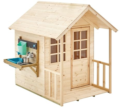 TP Toys Maisonnette Chalet Prairie en Bois avec Cuisine Extérieure et Ustensiles – Cabane Enfant avec Auvent, Plancher, Fenêtre Plexi et Pochoirs – 3 Ans+