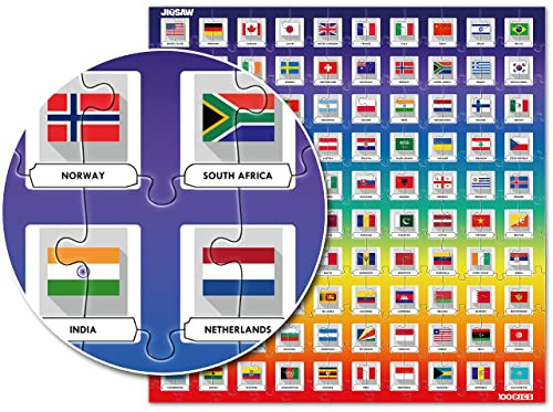 100 PICS Flags Jigsaw Quiz | Family Puzzle + Fun Quiz | 1-8 Players | Large Table Game | 45 Minutes Playing Time