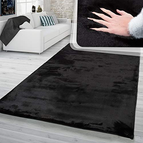 TT Home Hochflor Teppich Schlafzimmer Shaggy Kunstfell Flauschig Kaninchenfell Imitat In Schwarz, Größe:160x230 cm