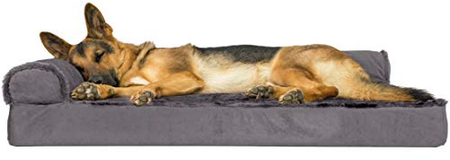 FurHaven Orthopedic Dog Bed for Large Dogs, L-Shaped Chaise Mattress with Orthopedic Egg Crate & Solid Orthopedic Foam Base for Joint Support, Washable Cover, Jumbo XL, Plush & Velvet, Platinum Gray
