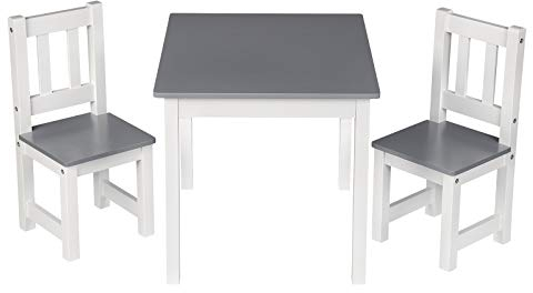 WOLTU Kindertisch mit 2 Stühlen, Tisch und Stühle für Kinder, abgerundete Kanten und Ecken, Kindersitzgruppe aus MDF, Tisch 60x48x50 cm, Stuhl 25x55x25 cm, Weiß Grau