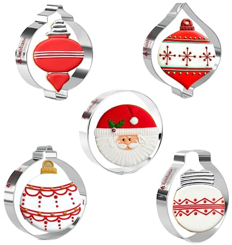 KAISHANE Christmas Cookie Cutters - 5 Pieces -Christmas Ornament,Light bulb,Round Cookie Cutters