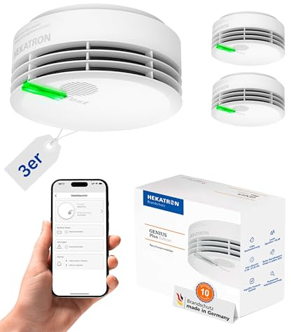 Hekatron Genius Plus – Rauchmelder 10 Jahre Batterie – 3 Stück | Testsieger Stiftung Warentest – made in Germany – inkl. 3x Klebepad – App-unterstützt – Feuermelder – mehrsprachig