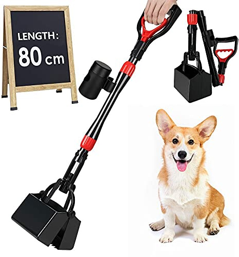 Eyein Dog Pooper Scooper, 80cm Long Handle Foldable Poop Scooper with Bag Dispenser, Flat Bottom Portable Duty Poo Waste Pick Up Rake with High Durable Spring for Pet Cat Outdoor Yard Grass Gravel