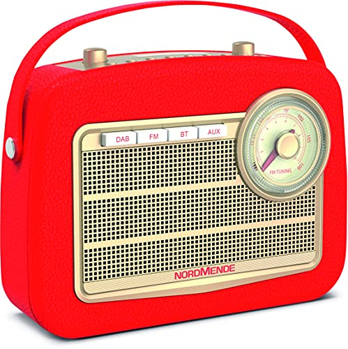 Nordmende Transita 130 - portables DAB+/UKW-Retroradio mit UKW Frequenzregler (Bluetooth-Audiostreaming, USB, Dot-Matrix LC-Display, Akku für bis zu 24 Stunden, Tragegriff, Kunstleder-Gehäuse) rot