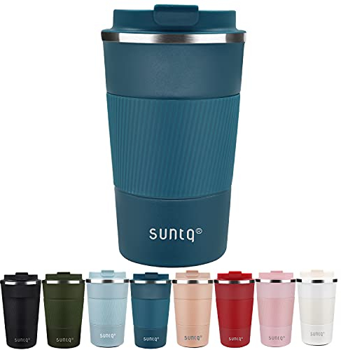 SUNTQ Kaffeebecher to go Thermo aus Edelstahl - Thermobecher mit Gummierte Manschette Doppelwand Isoliert - Kaffeetasse mit Auslaufsicherem Deckel Wiederverwendbar 510ml Blau
