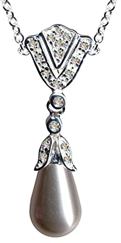 HALSKETTE und Anhänger mit Perle I Echt Silber 925 I Jugendstil Collier I Zirkonia Steinfarbe: klar weiss I Online Shop Schmuck kaufen I 54075
