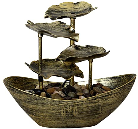 Segelboot Blatt Desktop Brunnen Zimmerbrunnen Innenbrunnen Mit LED Leuchten Tischbrunnen Dekoration, Natürliche Elegante Dekoration, 4-lagige Lotusblattform