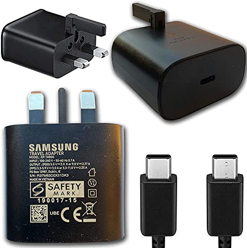 Samsung Genuine Galaxy S22 / S22 Plus / S22 Ultra 5G 25W Fast Charging Type C to Type C Mobile Phone UK Mains Plug Wall Adapter Charger & Cable (EP-TA800UBE + EP-DA705BBE) - Black