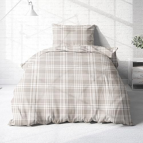 Träumschön Biber Bettwäsche Set 4tlg 135x200 cm + 80x80 cm – Flauschige Bettwäsche Beige – Weiche Winterbettwäsche Kariert - Atmungsaktiv, Warm & Hautfreundlich - 100% Baumwolle