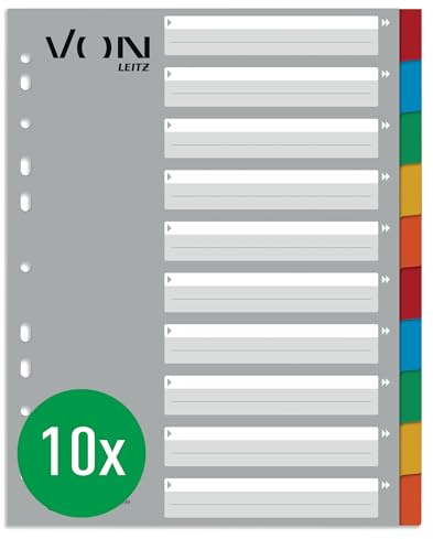 VON Leitz 10er Pack 10-teiliges Register A4 Überbreit, 100 % Recycling-Karton, Blanko-Registerkarten, 11-Loch-Universalregister für Hefter & Ringbücher, 12990000