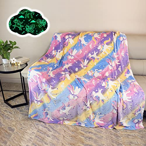 Kuscheldecke Kinder Mädchen Karikatu Einhorn Decke Leuchtet im Dunkeln,Kuscheldecke mit Regenbogen Einhorn Muster,Weiche Sofa Flanelldecken Geschenkideen für Kinder Mädchen (Einhorn A, 130x150cm)