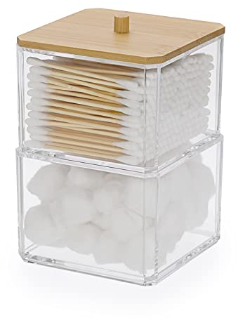 SUMTree Stackable Qtip Cotton Ball Holder 2 Layers Acrylic Qtip Dispenser with Bamboo Lid, Floss Swab Dispenser, Bathroom Storage Jar Canister, Plastic Apothecary Jar for Kitchen Bathroom