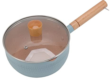 Saucepan with Lid, Aluminum Alloy Non Stick Pour Spouts on Both Sides Cooking Pot with Wood Stay Cool Handle for Home Restaurant Induction Gas Stove, Blue