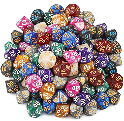 YILAIDA 100 Stück Polyedrische Würfel Set mit Beutel (10 Seitige (00-90)) | 10 Farben Acryl D&D Würfel, Tischspiel Würfel für Dungeons and Dragons Pathfinder RPG DND RPG MTG, Geschenk für Spielefans