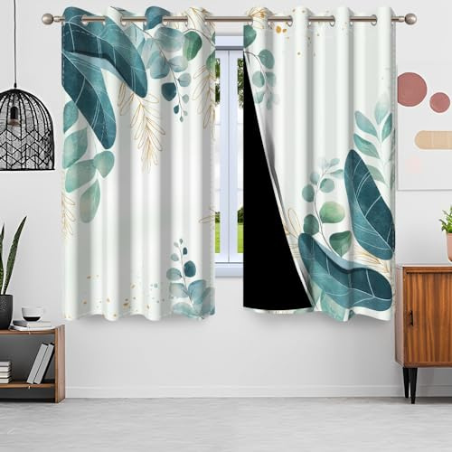 Gardinen Eukalyptus, Uiiooazy Vorhang Grün Gold Blätter Pflanzen Schlafzimmer Vorhäng Blickdicht Schattierungsvorhänge Gardine Lichtundurchlässig Fenstervorhang für Wohnzimmer Balkon Fenster 140x245cm