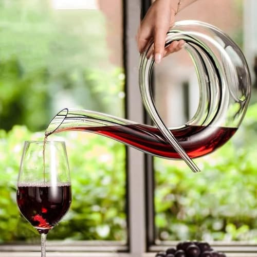 King Crystal Red Wine Decanter | Unique 6 Shaped | Hand Blown | 44 Oz Crystal Glass Wine Carafe and Purifier | For Home Bar | Lead-free Crystal Glass | Exclusive Wine Vase | Perfect for meetings