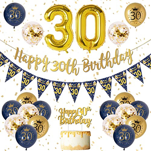 VICTERR 30th Birthday Decorations for Men - Blue and Gold Banner, Balloons, Navy and Gold Latex, Confetti Party Supplies