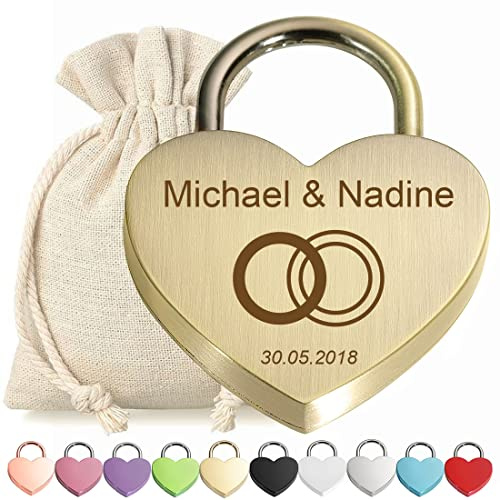 Herz Liebes-Schloss Vorhängeschloss Bronze personalisierte Gravur - Motiv Zwei Ringe - Metall Bügelschloss - Geschenkbeutel - Valentinstagsgeschenk Jahrestag - Pärchen Paar Mann Frau - Present