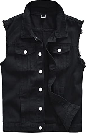 Oanviso Gilet in Denim da Uomo Senza Maniche Vintage Strappato Gilet in Jean Polsini Sfilacciati Gilet Casual Gilet da Cowboy Punk Gilet Confortevole Traspirante All'aperto Gilet H Nero 3XL