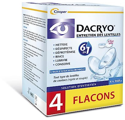 DACRYO - Solution d'entretien des lentilles 6 en 1 - Nettoie, désinfecte, déproténise, rince, lubrifie, conserve - Lentilles de contact - Acide Hyaluronique-Etui inclus-Flacon-Lot de 4 flaconsx360 ml