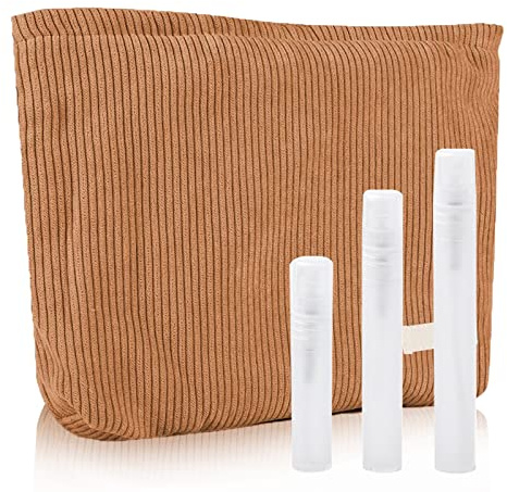 BSITSSS Trousse de Toilette en Velours Côtelé avec 3 Flacons Voyage, Pochette Maquillage Multifonctionnelle pour Gym, Business et Vacance (Marron)