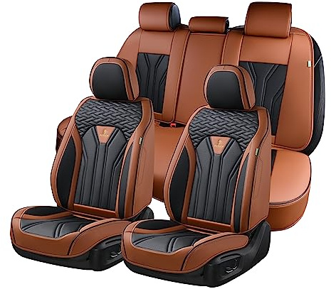 FLORICH Leather Seat Covers, Seat Covers Full Set, Car Seat Protectors 5 Seats,Automotive Seat Covers Fit for Most Cars Trucks-Brown&Black