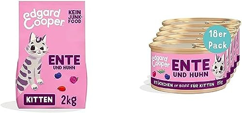 Edgard & Cooper Katzenfutter Kitten getreidefrei Trockenfutter hochwertiges Katzenfutter ohne Getreide Kitten Ente & Huhn 2kg + Edgard & Cooper Stückchen in Soße Katzenfutter Ente/Huhn 85gx18