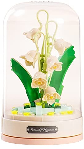 MEIEST Building Blocks Flowers Bouquet Set with Music Box and Dust-Proof Dome,Artificial Particle Flower Collection Construction Building Bricks Toy,Home Decor (lily of the valley)