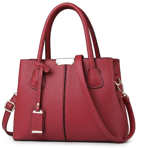 FOLOVEYA Rot Handtasche Damen Mode PU-Leder Tasche mit Anhänger | Elegante Große Henkeltasche, Damen Schultertasche mit mehreren Fächern, Umhängetasche mit Gurt für Alltag Arbeit Reisen