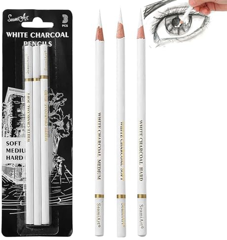 MagiSel Skizzieren Highlight Pen, Weiß Kohle Bleistift, Weiß Bleistift Set, Ungiftig Zeichenstifte Werkzeuge für Fine Art Supplies, Weich/Mittel/Hart, 3 Stück