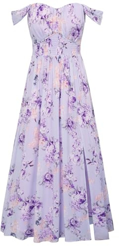 GRACE KARIN Summer Purple Floral Dress for Women 2026,Off the Shoulder Smocked Bridesmaid Dresses,Formal Baby Shower Maxi Dresses S