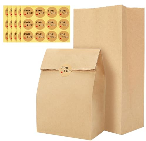 G2PLUS 100 Stück Braun Papiertüten Klein, Kraftpapier Geschenktüten, Papiersäckchen Klein 15.5x10x30CM, Tüten aus Kraftpapier mit Aufkleber, Braun Standbeutel für Geschenke, Adventskalender