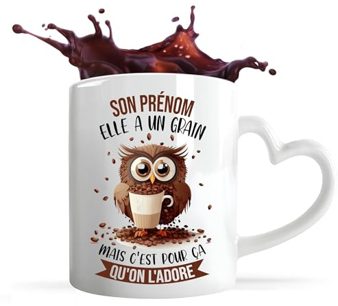 Planetee Mug prénom personnalisable | Tasse personnalisée humour fun idée cadeau collègue surnom métier (Mug Anse Cœur, Féminin, Chouette Grain)