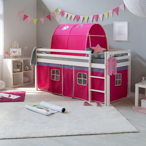 Homestyle4u Kinderhochbett 90x200 cm Weiß - Kiefer Massivholz Hochbett | Set inklusive Lattenrost, Matratze, Tunnel & Vorhang Pink - Stabiles Spielbett mit Leiter & hoher Absturzsicherung