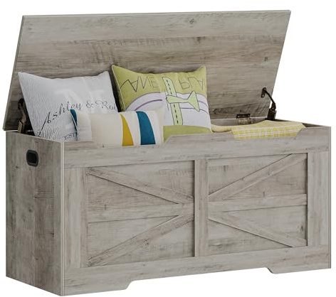 Hzuaneri 39.4 Storage Chest, Extra Large Storage Trunk with 2 Hinges, Wooden Box Bench, Lift-Top Organizer Chest, Shoe Bench for Entryway, Bedroom, Living Room, Greige SB03405X