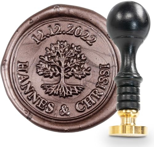 gravurART Siegelstempel personalisiert Tree of Life und Rundtext - Persönliche Siegel auf Einladungen mit Wachssiegel personalisiert
