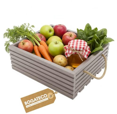BOGATECO Holzkiste Natur | 40 cm x 35 cm x 14,5 cm | Holzbox | Deko Holzkisten | Obstkiste | Gemüsekiste | Holzkiste zur Aufbewahrung | Aufbewahrungsbox Kiste Holz Geschenk Deko Weinkiste | Gray