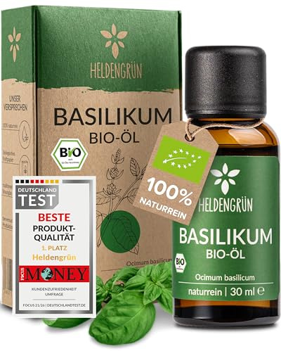 Heldengrün® BIO Basilikumöl [100% NATURREIN] Ätherisches Öl 30 ml | Echter Basilikum · klar, grün & leicht süßlich · Bio-zertifiziert (DE-ÖKO-005) · Deutsches Startup