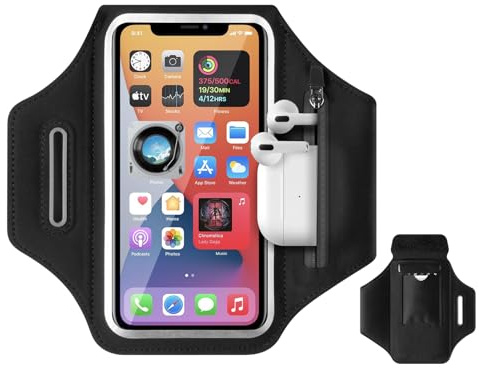 DUGRAFT Running Armband Phone Holder with Earphone Bag Running Accessories for iPhone 15 14 13 12 11 Plus Pro Max Galaxy S20-S24 Waterproof Phone Armband with Adjustable Strap Car Key Pocket