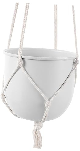 Hängender mit Baumwollseil Pflanzkübel aus Eisen für Balkon und Zuhause | Weiß, Schlicht Elegant, Praktisch zum Präsentieren von Pflanzen, für Farne und Sukkulenten